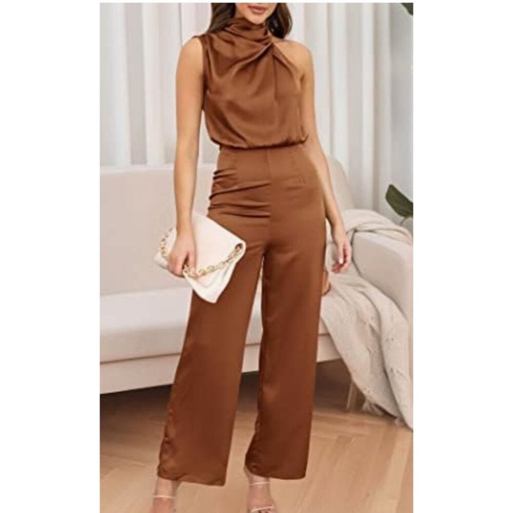 Pretty Garden Womens Satin Jumpsuit With Mock Neck & Wide-Leg Pants Khaki Small